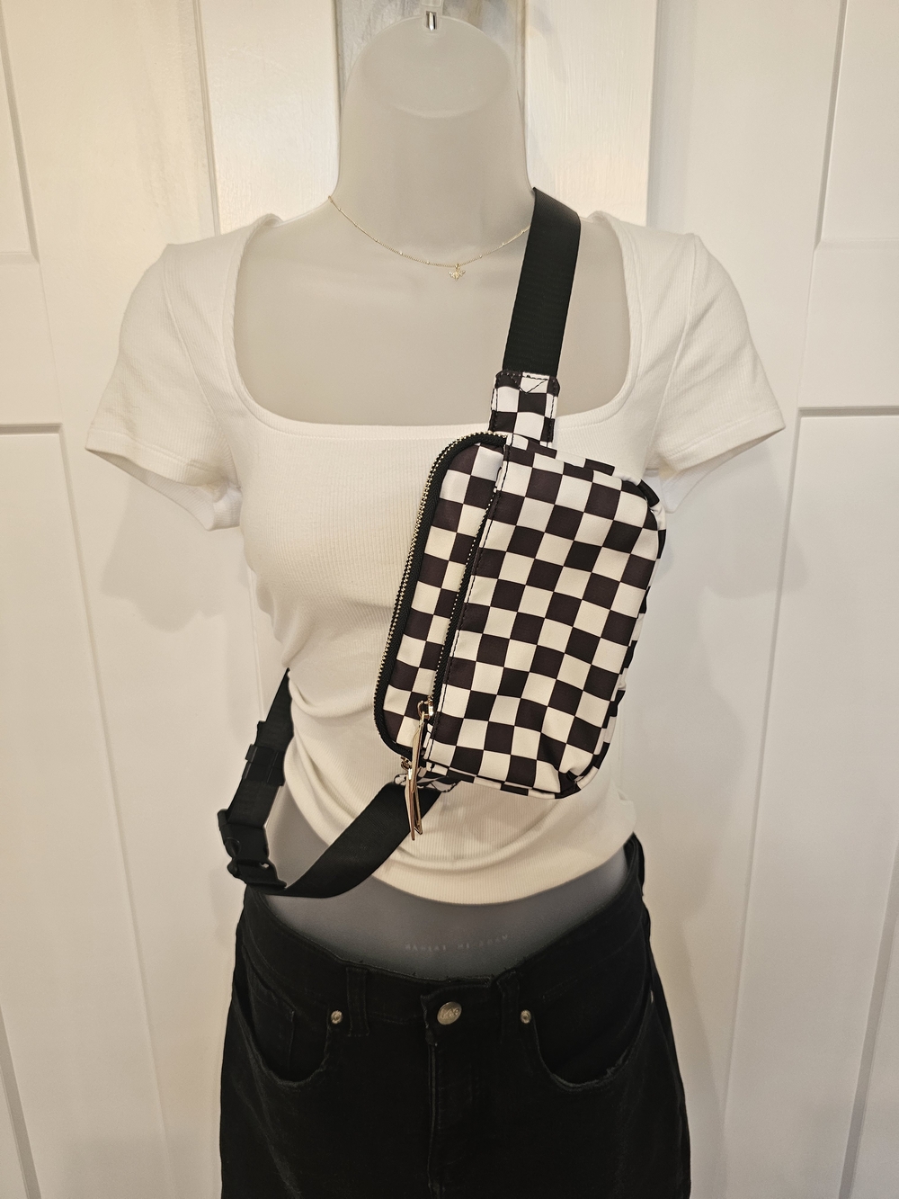 Checkerboard Crossbody Sling Bag - Black & White